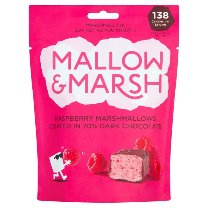 Malvaviscos Mallow & Marsh Raspberry recubiertos en 70% de chocolate negro 100 g
