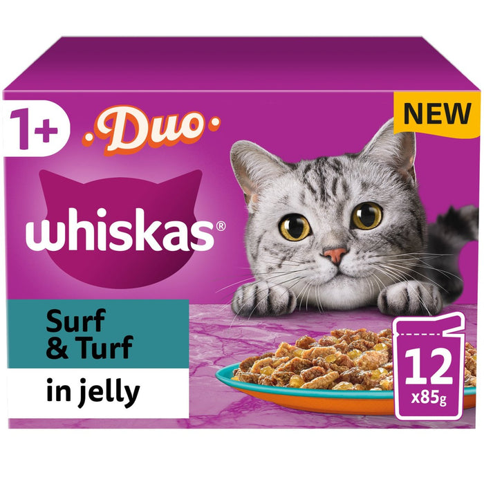 Whiskas 1+ POUNTAS DE CATO DE CATO HOMBRES ADULTO Duo de surf y césped en gelatina 12 x 85g